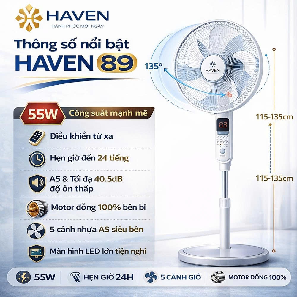 Quạt Cây Gió Mạnh Êm HAVEN 89 55W 5 Cánh Remote Điều Khiển Từ Xa Hẹn Giờ 24h Siêu Mát
