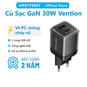 Củ Sạc Nhanh GaN 30W Vention Tích Hợp Vỏ Bảo Vệ Chống Cháy Nổ Cao Cấp, Hỗ Trợ PD & QC, 2 Cổng USB và Type C