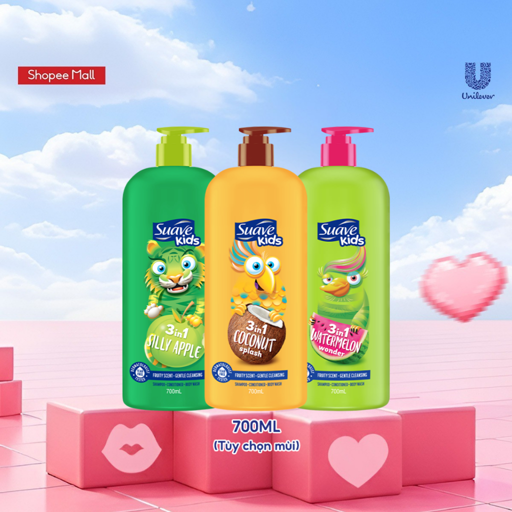 Sữa tắm gội trẻ em Suave Kids 3 trong 1 700ml (Hương Táo/Dưa Hấu/Dừa)