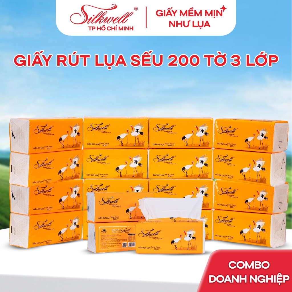 Thùng 18 gói Giấy ăn rút lụa khổ lớn Silkwell Sếu 200 tờ 3 lớp, siêu dai, siêu mềm mịn, không mủn giấy và bụi giấy