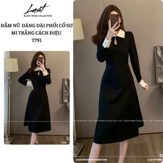 Đầm nữ thiết kế dáng dài phối cổ sơ mi trắng cách điệu LUST Váy nữ công sở phongcách thanh lịch T791
