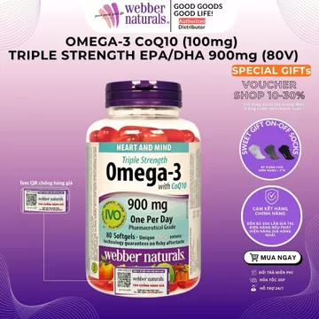Dầu cá Triple Strength Omega 3 DHA/EPA & CoQ10 100mg Webber Natural Canada hộp 80v