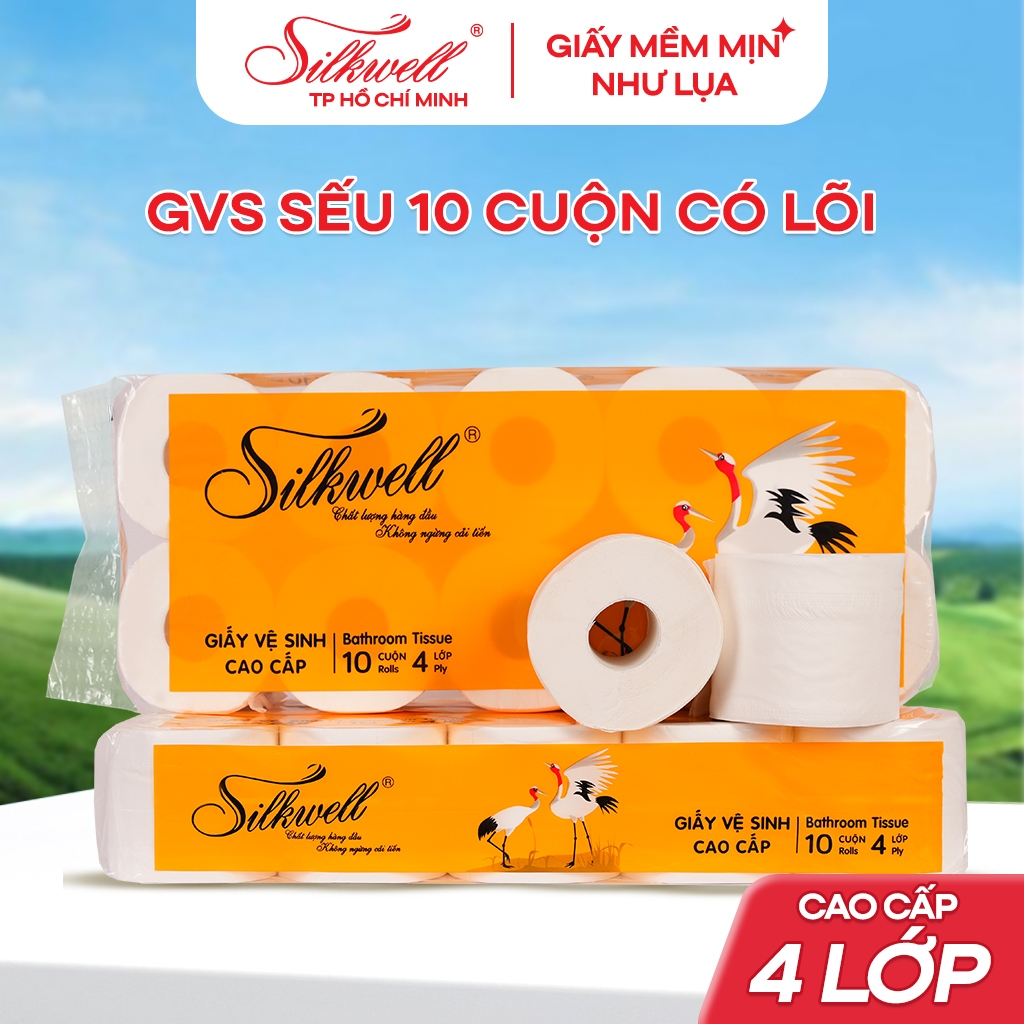 [COMBO 2 DÂY] Giấy vệ sinh Silkwell Sếu 10 cuộn cao cấp 4 lớp có lõi, làm từ bột giấy tự nhiên
