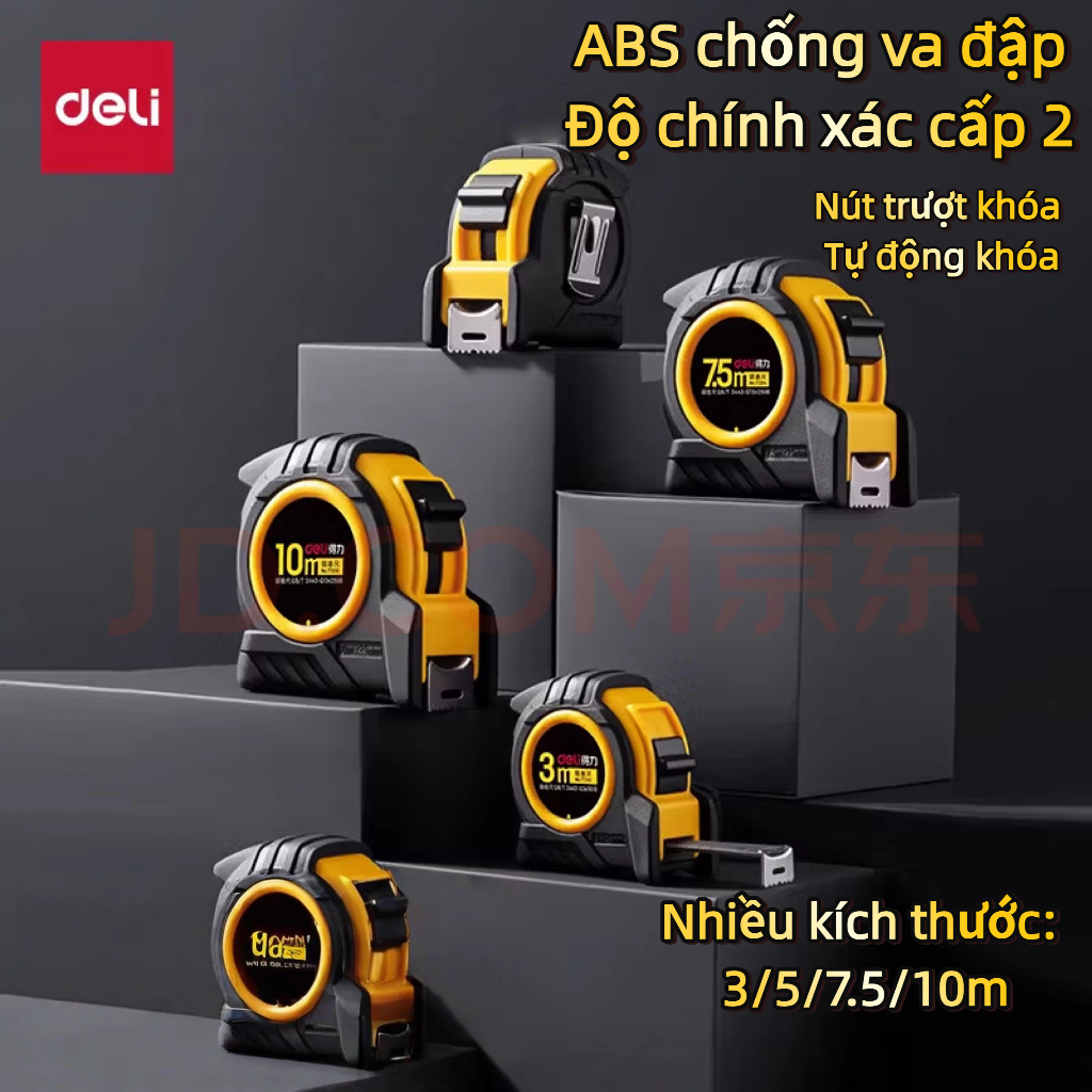Thước Cuộn Thước Dây Thép Deli 5m/7.5m/10m – Tự Khóa, Chống Rơi, Vạch Rõ Đo Xây Dựng, Nội Thất, DIY