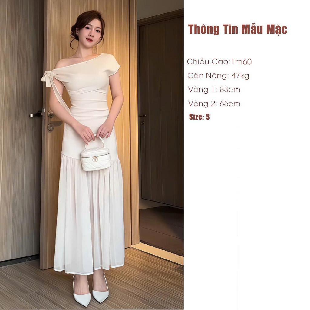 Đầm Body Lệch Vai Đi Hẹn Hò Phối Chân Váy Tơ , Váy Sự Kiện Dáng Dài Sang Chảnh Logastore_L0198