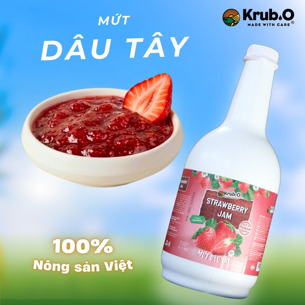 Mứt Dâu Tây Krub.O Can 2,1kg - Có Xác Dâu Thật, Màu Đỏ Rực Rỡ, Chuyên Dụng Pha Trà Dâu & Trà Trái Cây