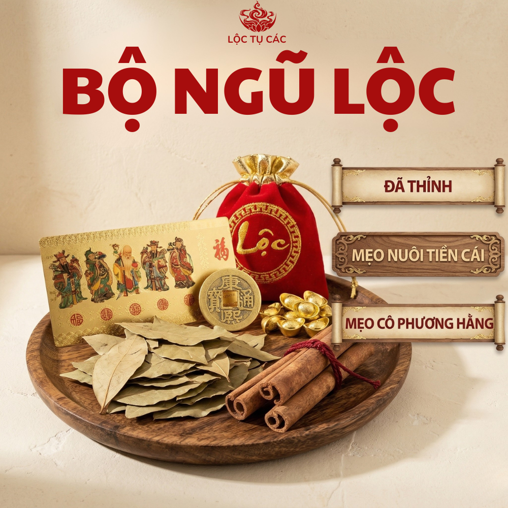 Vật phẩm, bộ ngũ lộc 6 món - Túi nhung, vàng thỏi, xu Âm Dương, lá thanh quế, tờ ngũ phúc, chỉ đỏ ( MẸO CÔ PHƯƠNG HẰNG )