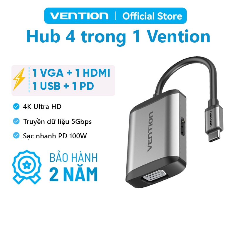 Bộ Chuyển Đổi Vention 4in1 USB C Hub Sang HDMI Vga Cổng Sạc 4K 1080p 3.0 PD Cho Laptop PC Mac