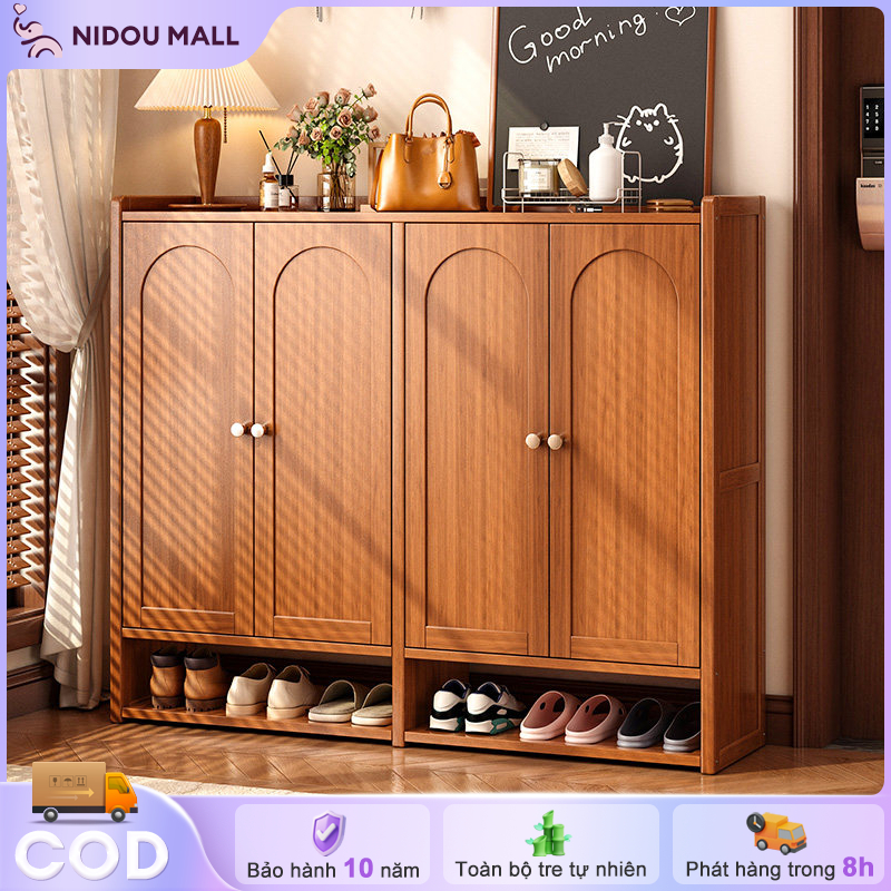 Tủ Giày Tre Việt Nam 4 Cửa Màu Gỗ Sáng Thiết Kế Thông Minh Có Kệ Để Hở Tiết Kiệm Không Gian Tối Đa