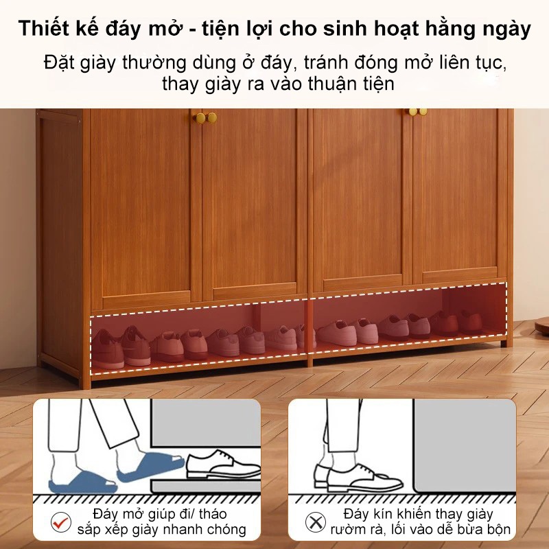 Tủ Giày Tre Việt Nam 4 Cửa Màu Gỗ Sáng Thiết Kế Thông Minh Có Kệ Để Hở Tiết Kiệm Không Gian Tối Đa