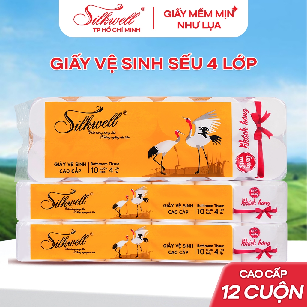 [COMBO 2 DÂY] Giấy vệ sinh Sếu 12 cuộn cao cấp 4 lớp không lõi, giấy mềm mịn, đanh dai