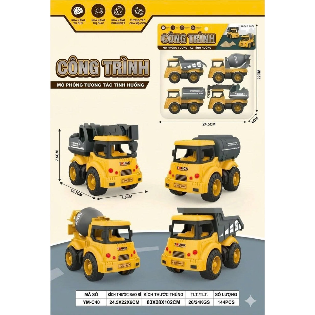 Bộ 4 xe đồ chơi cho bé – Xe công trình, cứu hỏa, cảnh sát, chạy cót