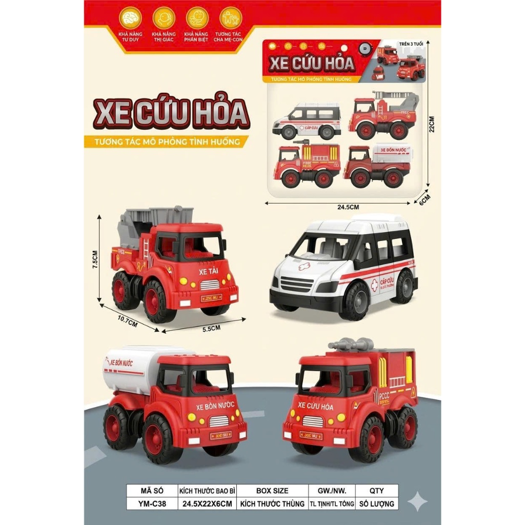 Bộ 4 xe đồ chơi cho bé – Xe công trình, cứu hỏa, cảnh sát, chạy cót