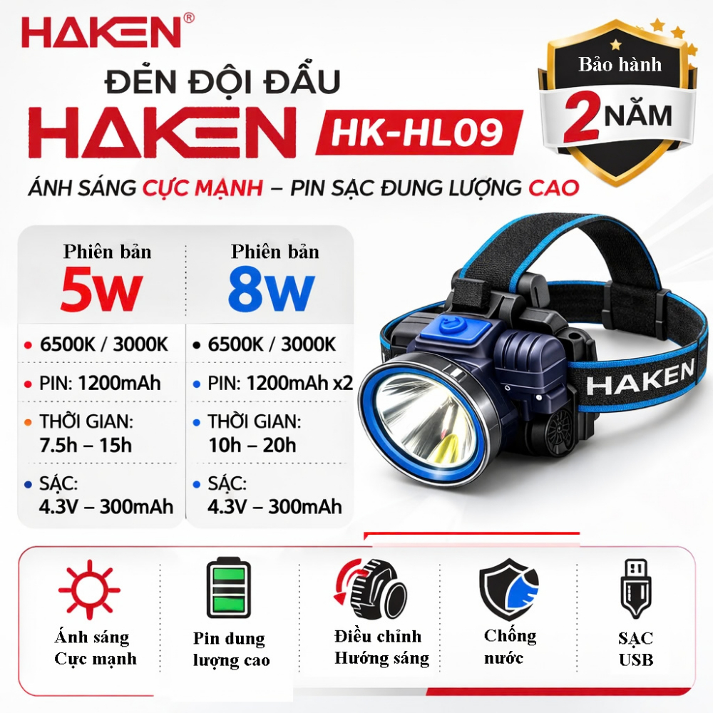 Đèn Đội Đầu Siêu Sáng HAKEN HK-HL09 5W/8W – Pin Trâu, Sạc USB, Chống Nước, Đeo Đầu Tiện Lợi