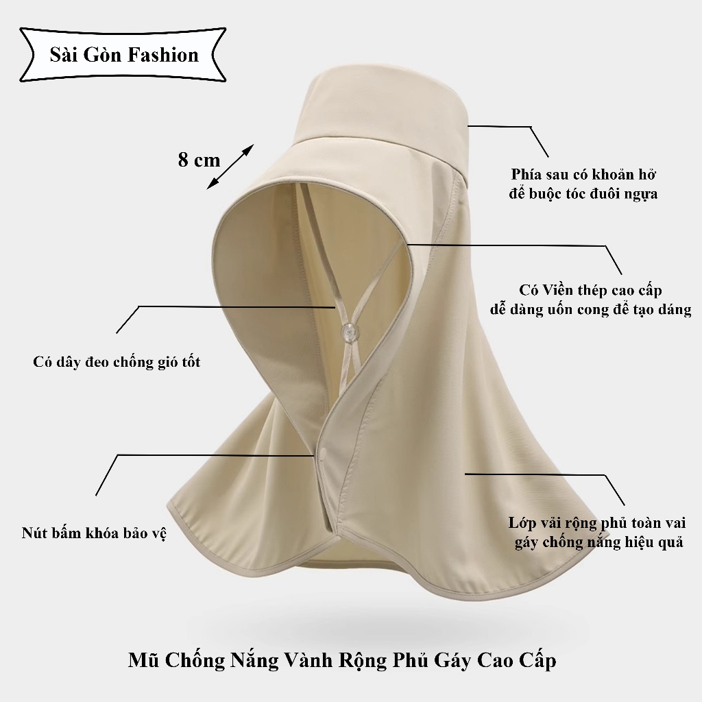 Mũ Chống nắng vành rộng che gáy có dây rút chất vải cotton mát thời trang Unisex Nam nữ