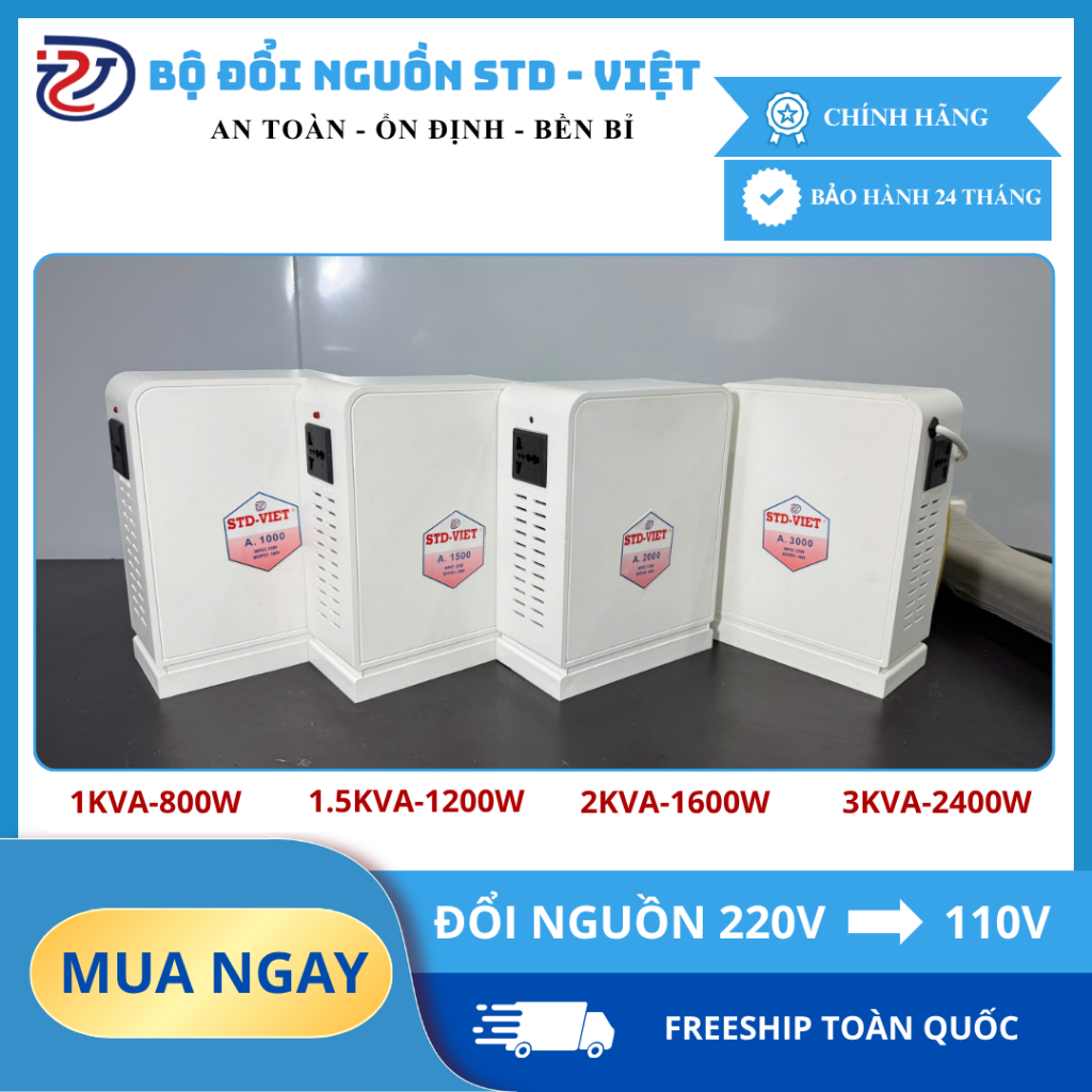 Đổi Nguồn 220V Sang 110V Biến Áp [Vỏ Nhựa] Dùng Cho Đồ Nhật Ổn Định Điện Áp Bảo Hành 2 Năm STD-VIỆT