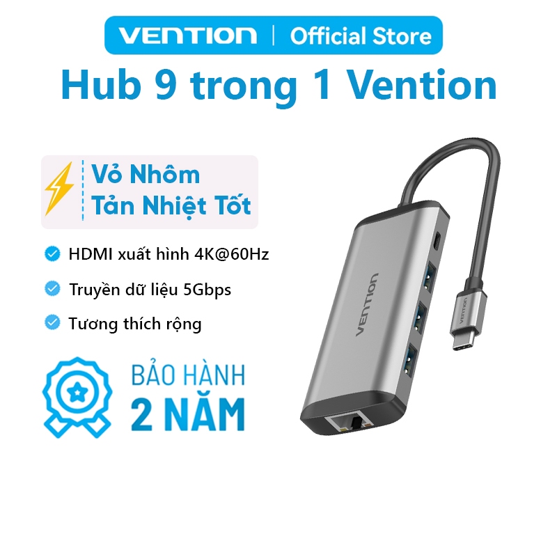 Hub Chuyển Đổi Vention USB-C 9-in-1 HDMI 4K60Hz RJ45 5Gbps SD/TF Audio 3.5mm PD 100W Docking Station Cho Laptop PC Mac