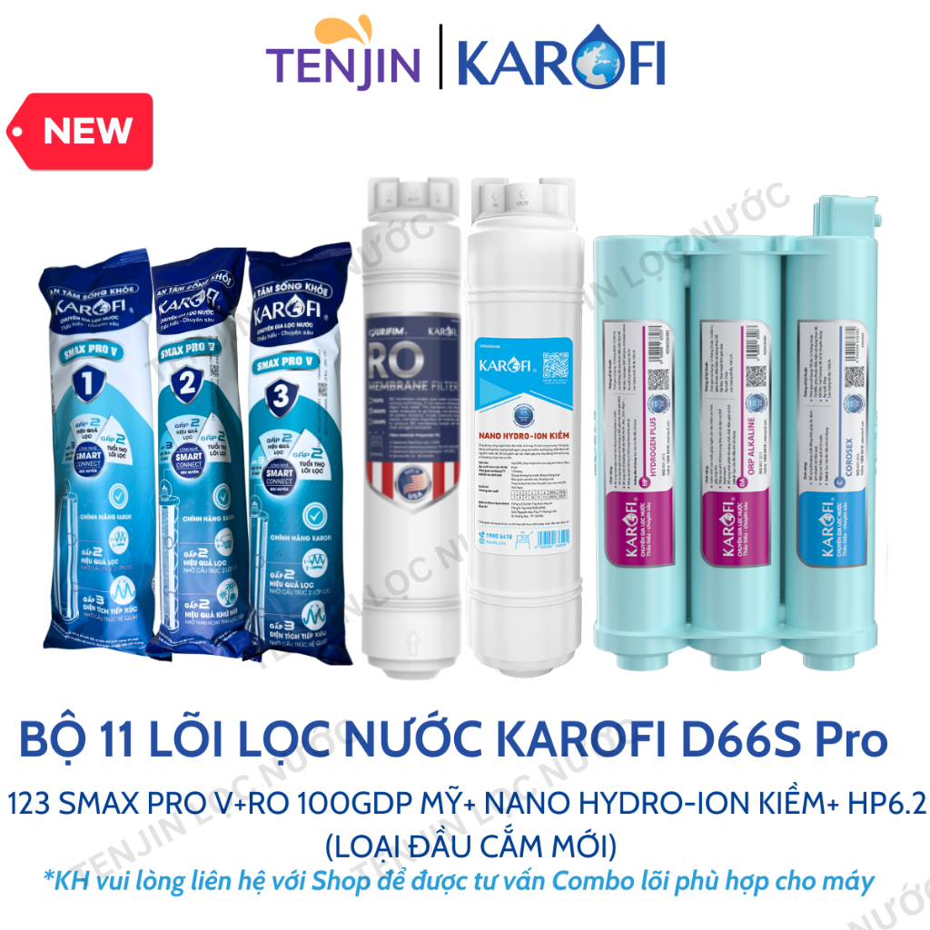 Combo 11 Lõi Lọc Nước Karofi (Mới Nhất) Sử Dụng Smax Pro V, RO Mỹ, Hydrogen-ion và Bộ HP 6.2 Ion Kiềm- Chính hãng