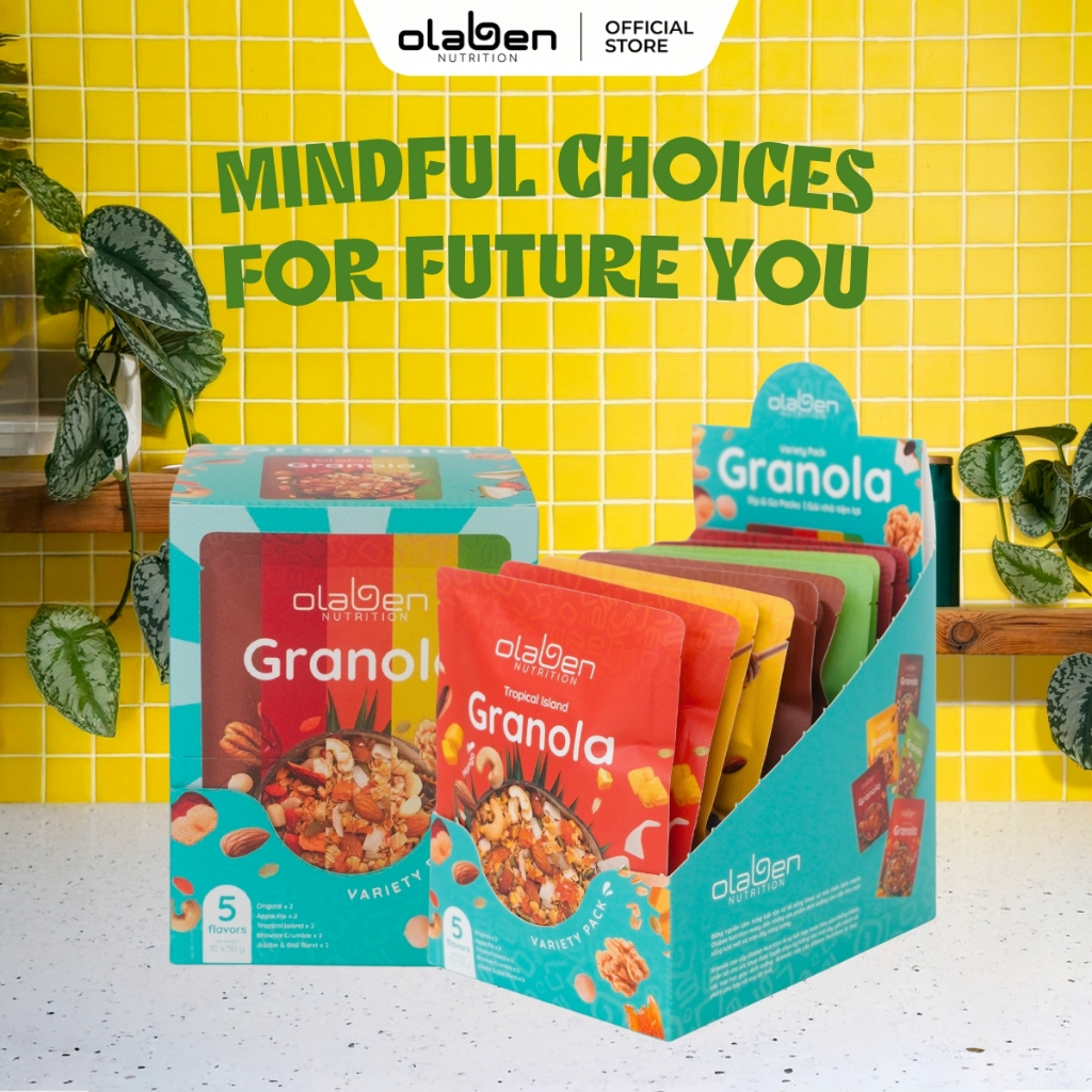Hộp 500gr Granola Siêu Hạt Dinh Dưỡng Mix 5 Vị – Truyền Thống,Xoài Chanh Dây,Táo Đỏ,Bánh Táo,Chocolate – 10 túi nhỏ 50gr