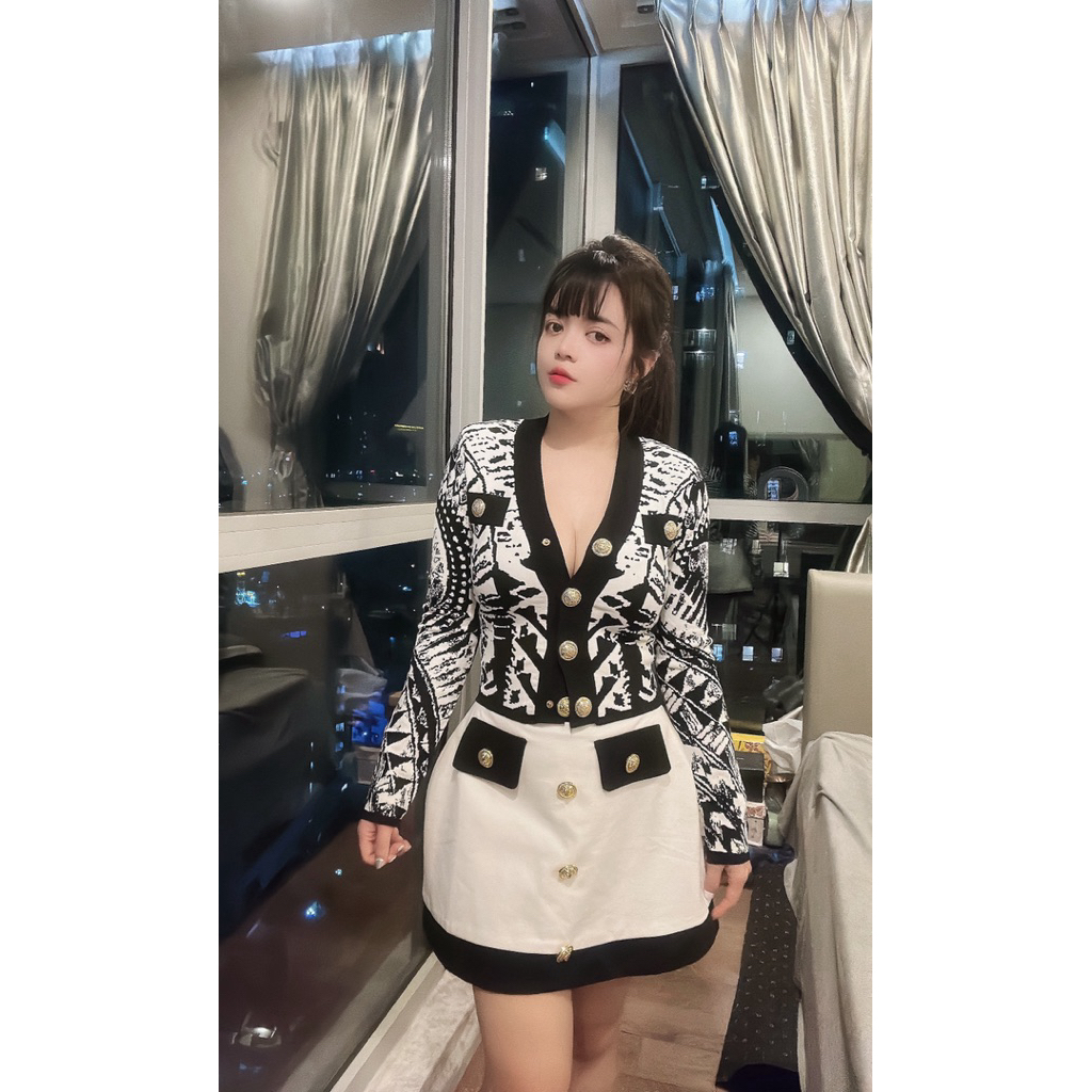 set Áo len nút dày dặn và vay thun nút