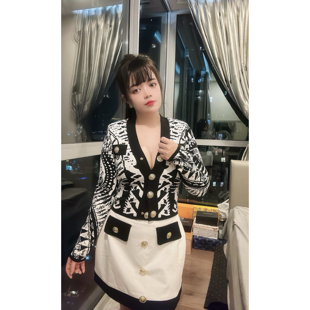 set Áo len nút dày dặn và vay thun nút