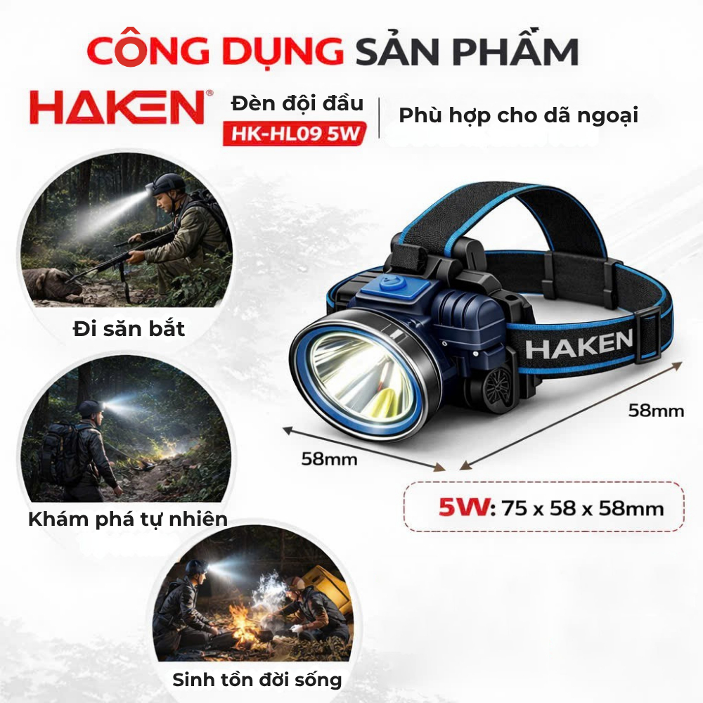 Đèn Đội Đầu Siêu Sáng HAKEN HK-HL09 5W/8W – Pin Trâu, Sạc USB, Chống Nước, Đeo Đầu Tiện Lợi