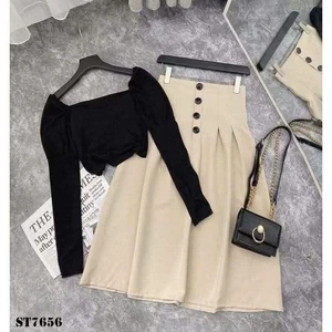 Set đồ bé gái chân váy chữ A cạp cao phối áo croptop tay dài dáng ôm thanh lịch phong cách Hàn Quốc mẹ và bé 13-56kg
