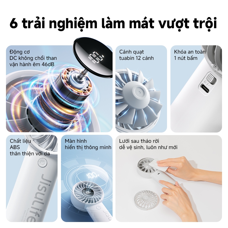 Quạt cầm tay JisuLife 4 mini xách tay gió mạnh màn hình LED 5 nấc gió điều chỉnh được dành cho học sinh và dân văn phòng