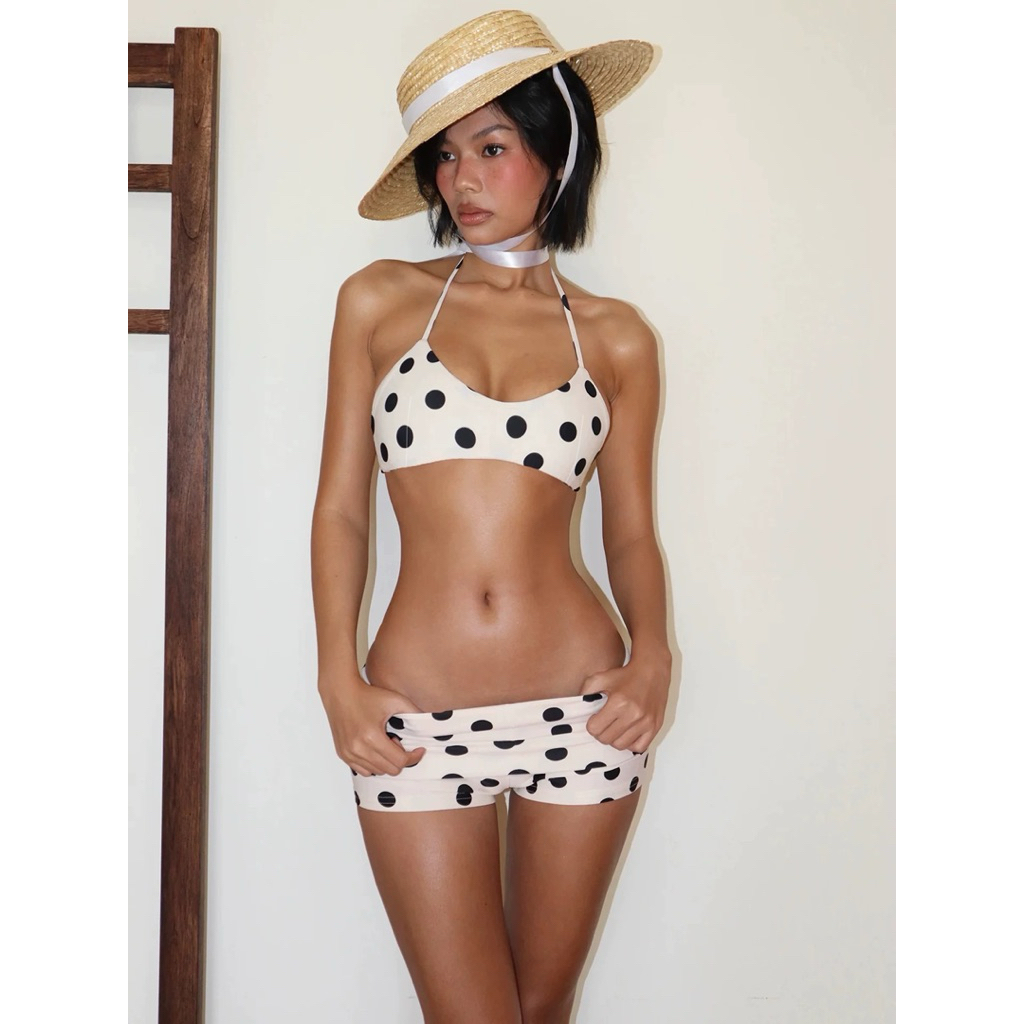 Set bikini nữ chấm bi áo yếm buộc cổ + quần short cạp gập – đồ bơi nữ sexy mặc đi biển, chụp ảnh [ E_S20 ]