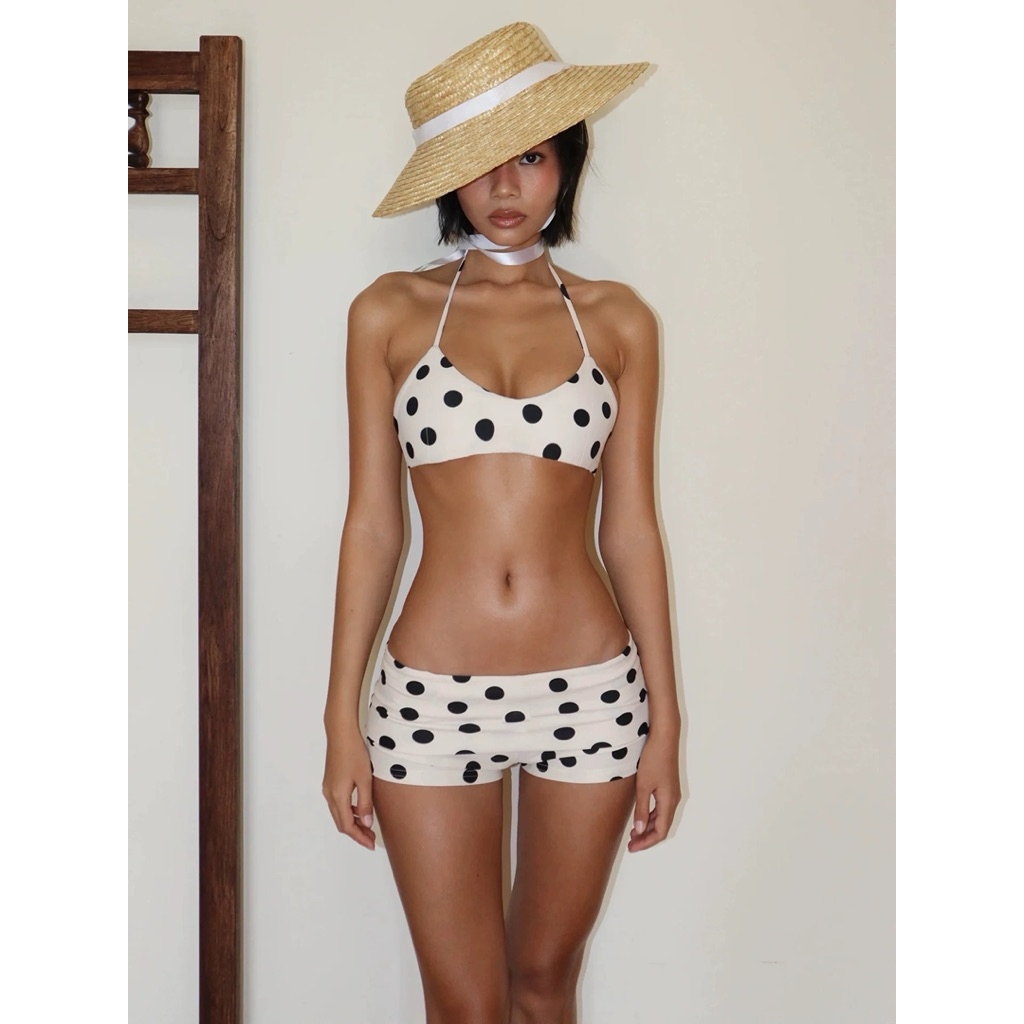 Set bikini nữ chấm bi áo yếm buộc cổ + quần short cạp gập – đồ bơi nữ sexy mặc đi biển, chụp ảnh [ E_S20 ]