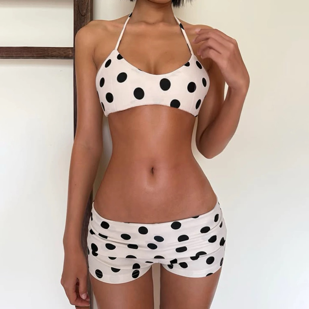 Set bikini nữ chấm bi áo yếm buộc cổ + quần short cạp gập – đồ bơi nữ sexy mặc đi biển, chụp ảnh [ E_S20 ]