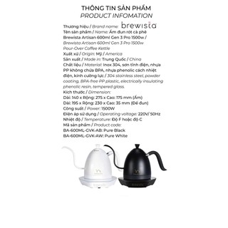 Ấm đun rót cà phê Brewista Artisan 600ml Gen 3 Pro 1500w Pure