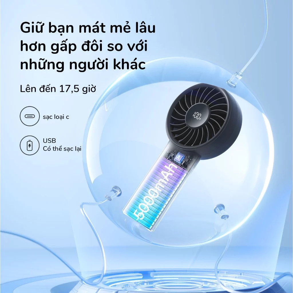 Quạt cầm tay JisuLife 4 mini xách tay gió mạnh màn hình LED 5 nấc gió điều chỉnh được dành cho học sinh và dân văn phòng