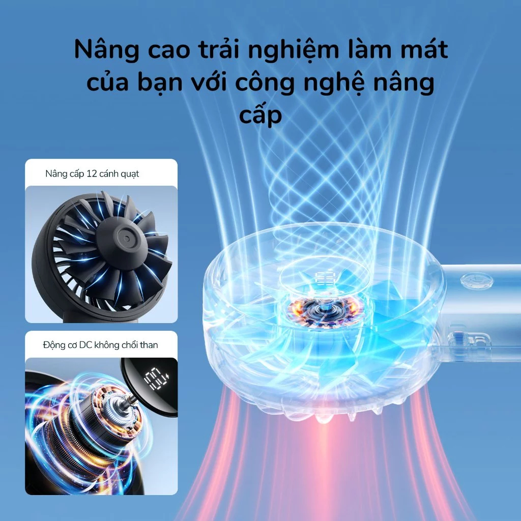 Quạt cầm tay JisuLife 4 mini xách tay gió mạnh màn hình LED 5 nấc gió điều chỉnh được dành cho học sinh và dân văn phòng