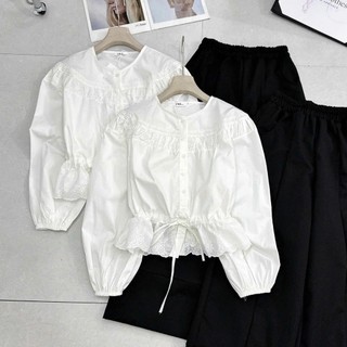 Áo Sơ Mi Nữ Rút Eo Viền Ren Tay Bồng Form Ôm Tôn Dáng Phong Cách Tiểu Thư Hàn Quốc 247Store