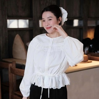 Áo Sơ Mi Nữ Rút Eo Viền Ren Tay Bồng Form Ôm Tôn Dáng Phong Cách Tiểu Thư Hàn Quốc 247Store