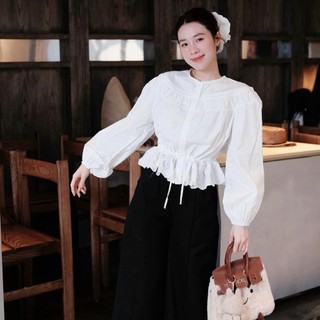 Áo Sơ Mi Nữ Rút Eo Viền Ren Tay Bồng Form Ôm Tôn Dáng Phong Cách Tiểu Thư Hàn Quốc 247Store