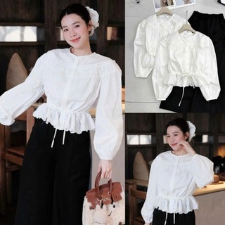 Áo Sơ Mi Nữ Rút Eo Viền Ren Tay Bồng Form Ôm Tôn Dáng Phong Cách Tiểu Thư Hàn Quốc 247Store
