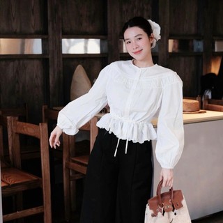 Áo Sơ Mi Nữ Rút Eo Viền Ren Tay Bồng Form Ôm Tôn Dáng Phong Cách Tiểu Thư Hàn Quốc 247Store