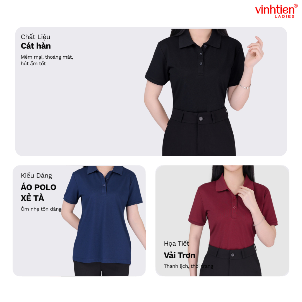 Áo Polo Nữ Ngắn Tay Vĩnh Tiến Ladies, Chất Liệu Cotton, Họa Tiết Trơn - GTB 299