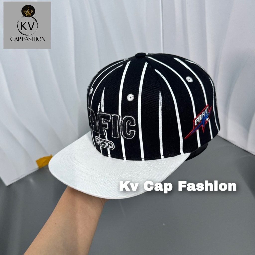Mũ hiphop fafic cao cấp - Nón lưỡi trai phối sọc in kèm khoá nhựa bấm siêu ngầu