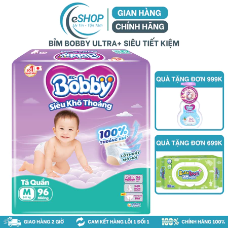 Tã quần/dán Bobby Ultra+ cho bé đủ size M96/L88/XL74/XXL68/XXXL24, dán S80/M76/L68/XL62