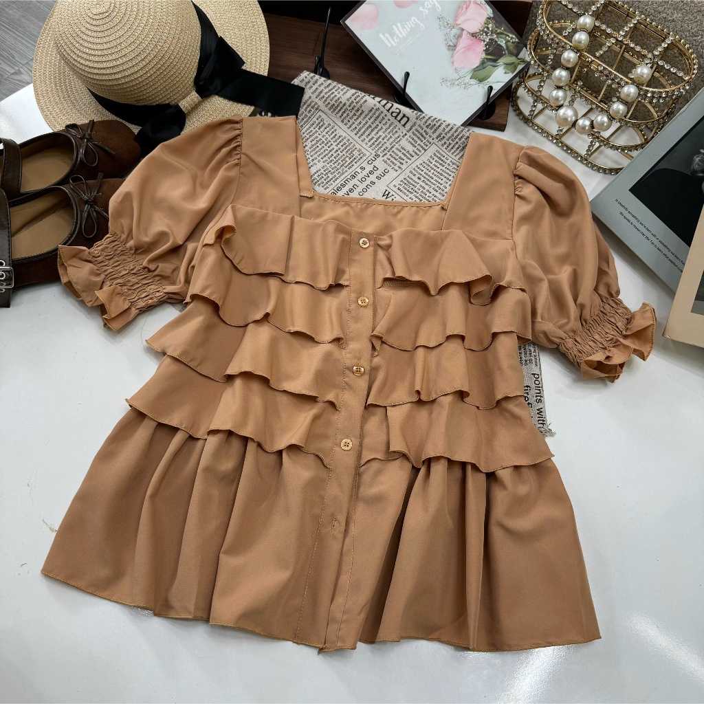 Áo Sơ Mi Nữ Kiểu Bigsize Tay Phồng Cổ Vuông Cách Điệu Chất Vải Mềm Mịn Lên Phom Tôn Dáng SM36