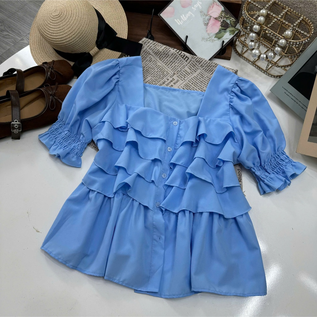 Áo Sơ Mi Nữ Kiểu Bigsize Tay Phồng Cổ Vuông Cách Điệu Chất Vải Mềm Mịn Lên Phom Tôn Dáng SM36