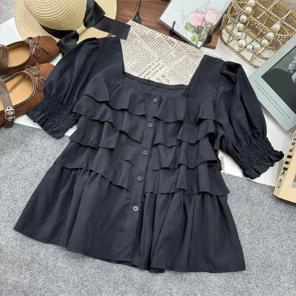 Áo Sơ Mi Nữ Kiểu Bigsize Tay Phồng Cổ Vuông Cách Điệu Chất Vải Mềm Mịn Lên Phom Tôn Dáng SM36