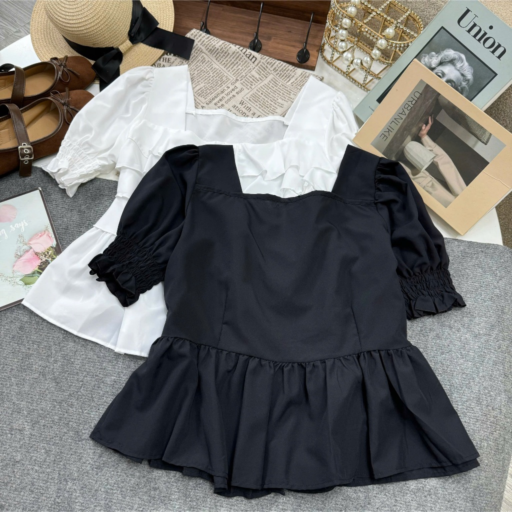 Áo Sơ Mi Nữ Kiểu Bigsize Tay Phồng Cổ Vuông Cách Điệu Chất Vải Mềm Mịn Lên Phom Tôn Dáng SM36