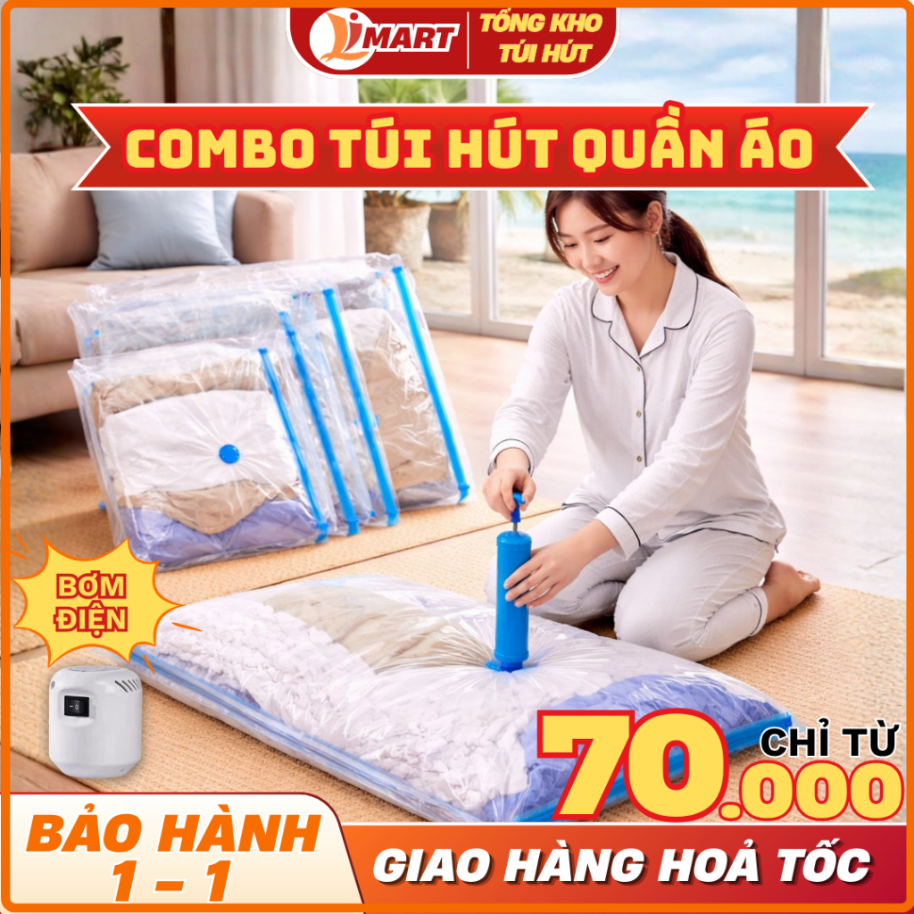Combo Túi Hút Chân Không đựng quần áo, chăn màn, Kèm bơm tay hoặc bơm điện.