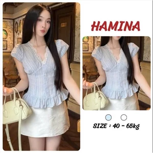 Áo Sơ Mi Tay Hến Kiểu Nữ Cổ V Phôi Viền Bèo Đính Cúc Siêu Xinh Hamina , Áp Điệu Cộc Tay Nữ Phối Ren 524