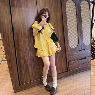 Set Áo Babydoll Dáng Suông Cổ Rúm Tay Phồng Mix Chân Váy Viền Bèo Cạp Chun 247Store Set3925