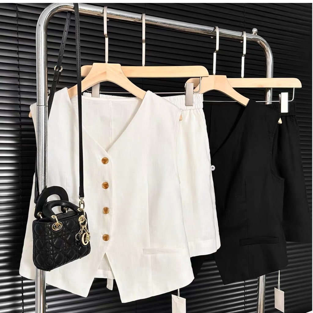 𝗛𝗶𝗹𝗹 𝗦𝗲𝘁  -Set Linen Áo ghi lê+ Short ngố